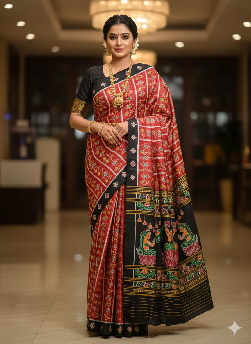 Red Black Sankha Design Khandua Silk Saree