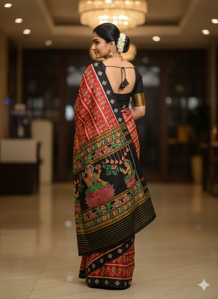 Red Black Sankha Design Khandua Silk Saree