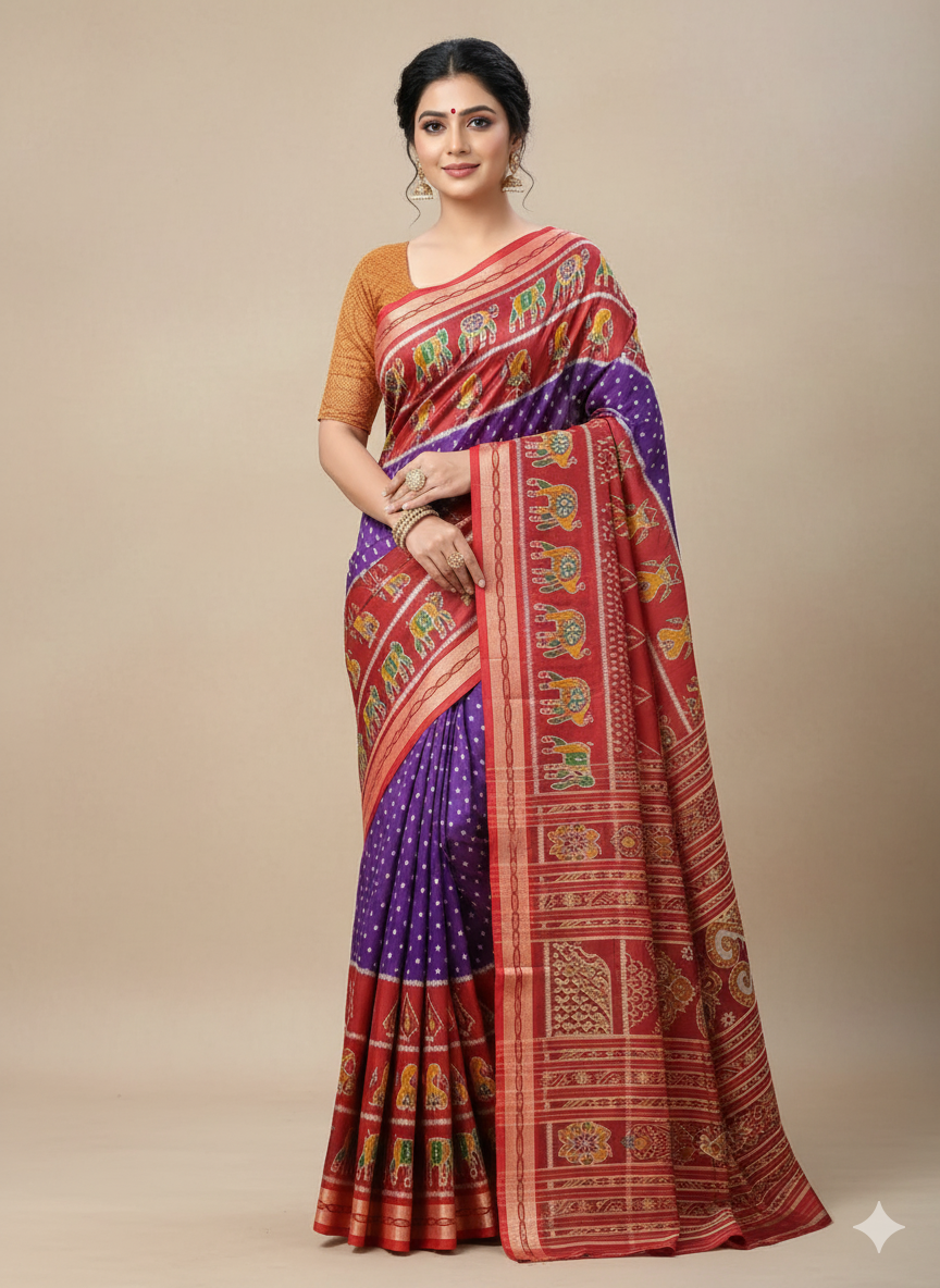 Purple Red Animal Scot Design Khandua Silk Saree