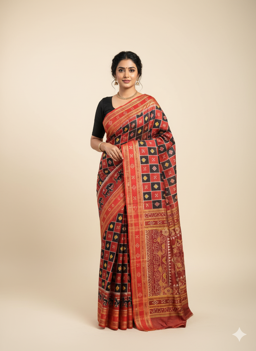 Red Black Pasapali Design Khandua Silk Saree
