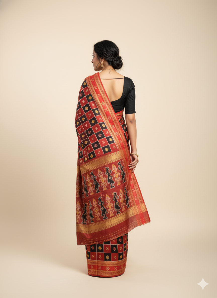 Red Black Pasapali Design Khandua Silk Saree