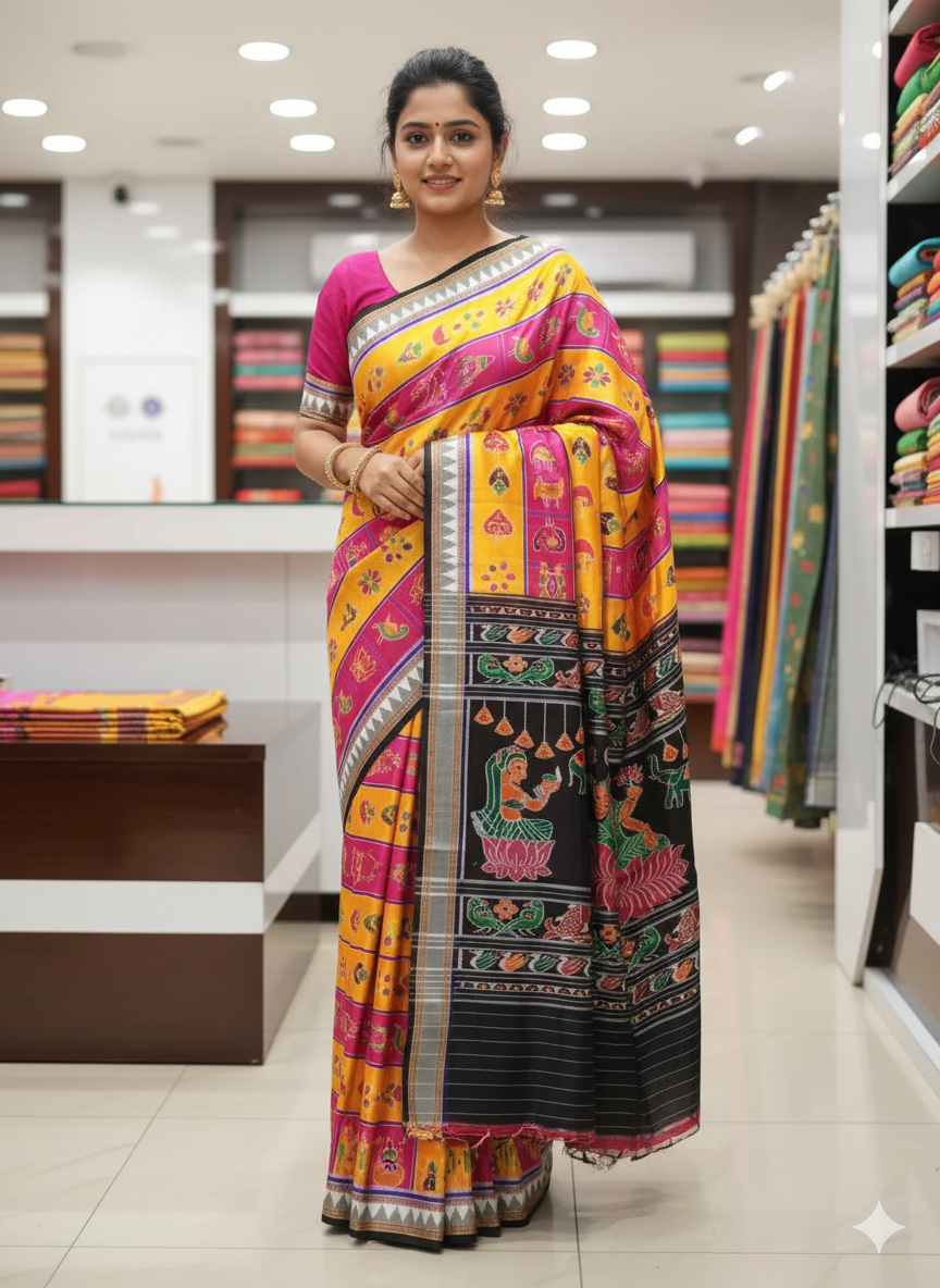 Yellow Magenta Black Nabakothi Design Khandua Silk Saree