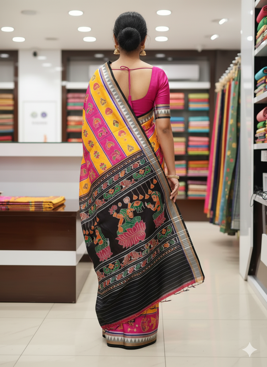 Yellow Magenta Black Nabakothi Design Khandua Silk Saree