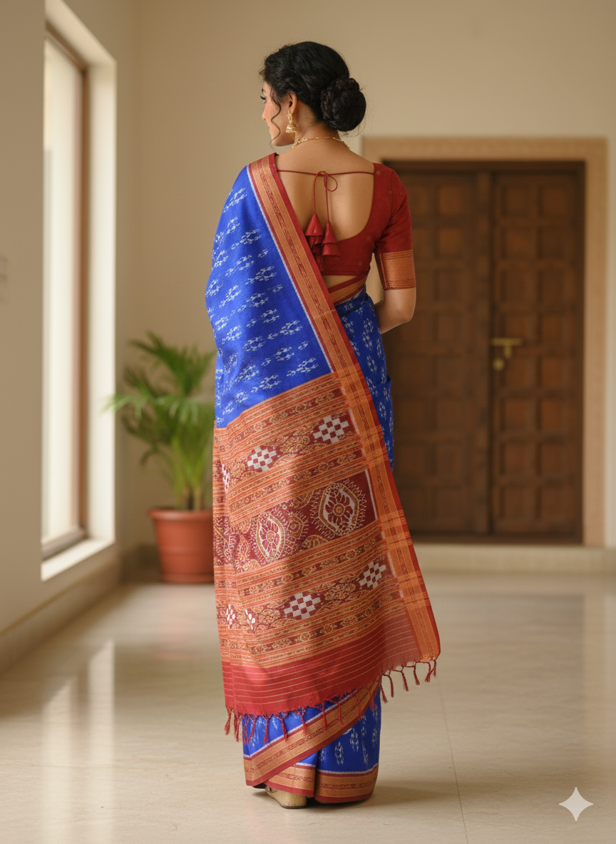 Blue Maroon Tribal Design Khandua Silk Saree