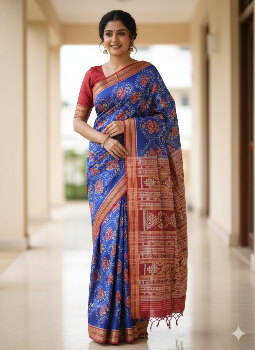 Blue Maroon Lotus Design Khandua Silk Saree