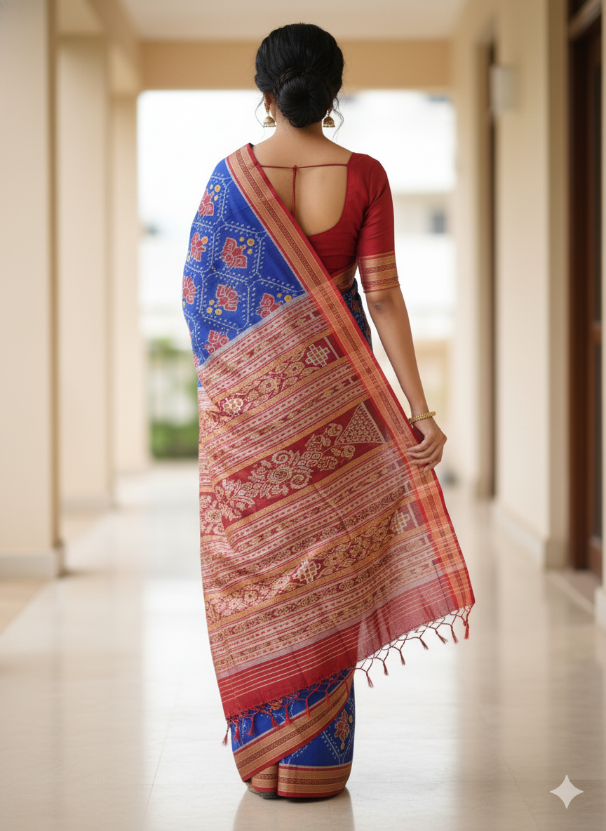 Blue Maroon Lotus Design Khandua Silk Saree