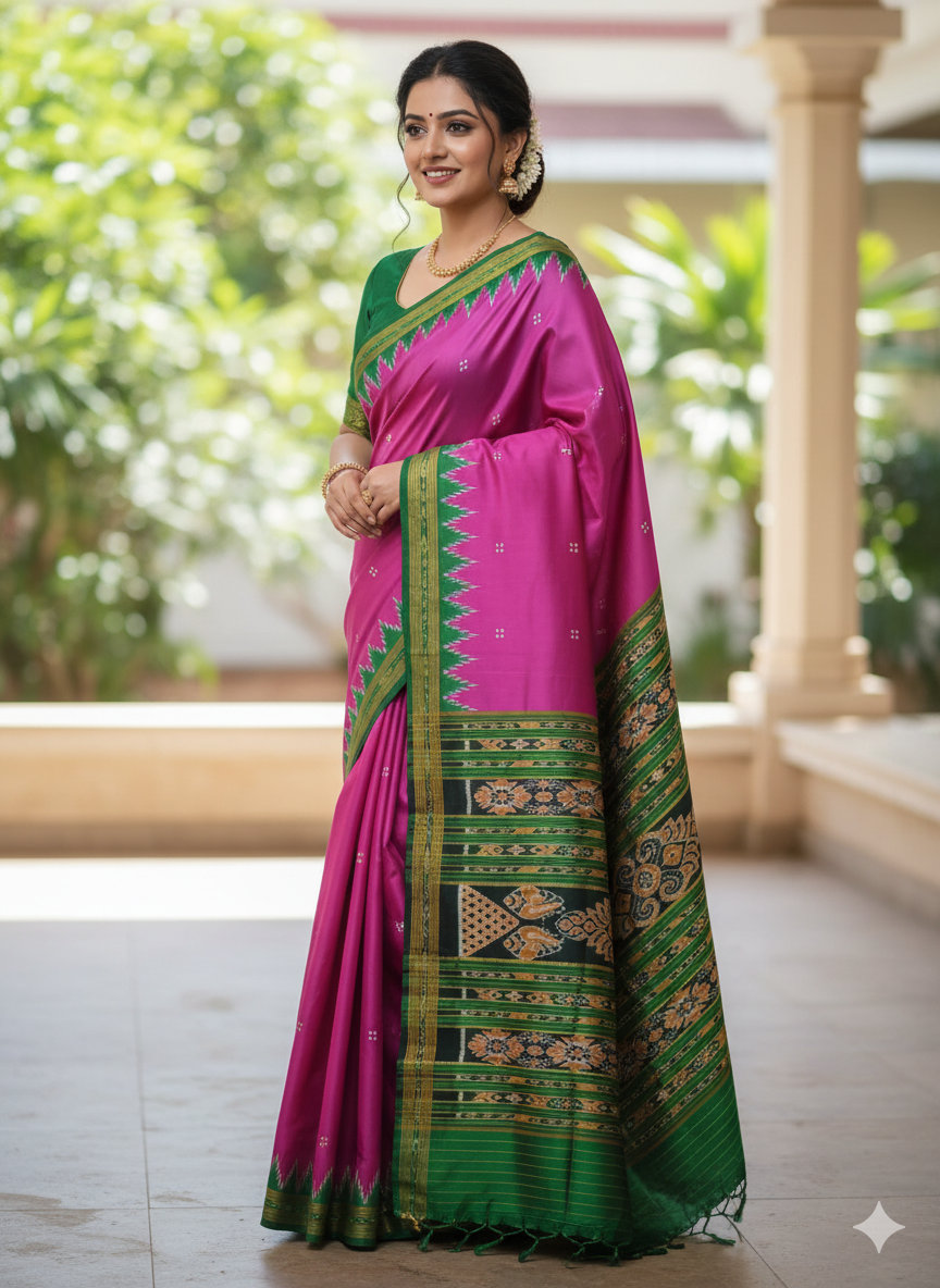 Magenta Green Buti Kumbha Khandua Silk Saree