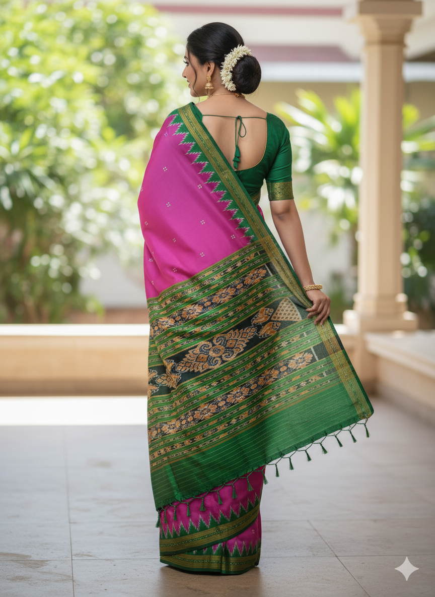 Magenta Green Buti Kumbha Khandua Silk Saree