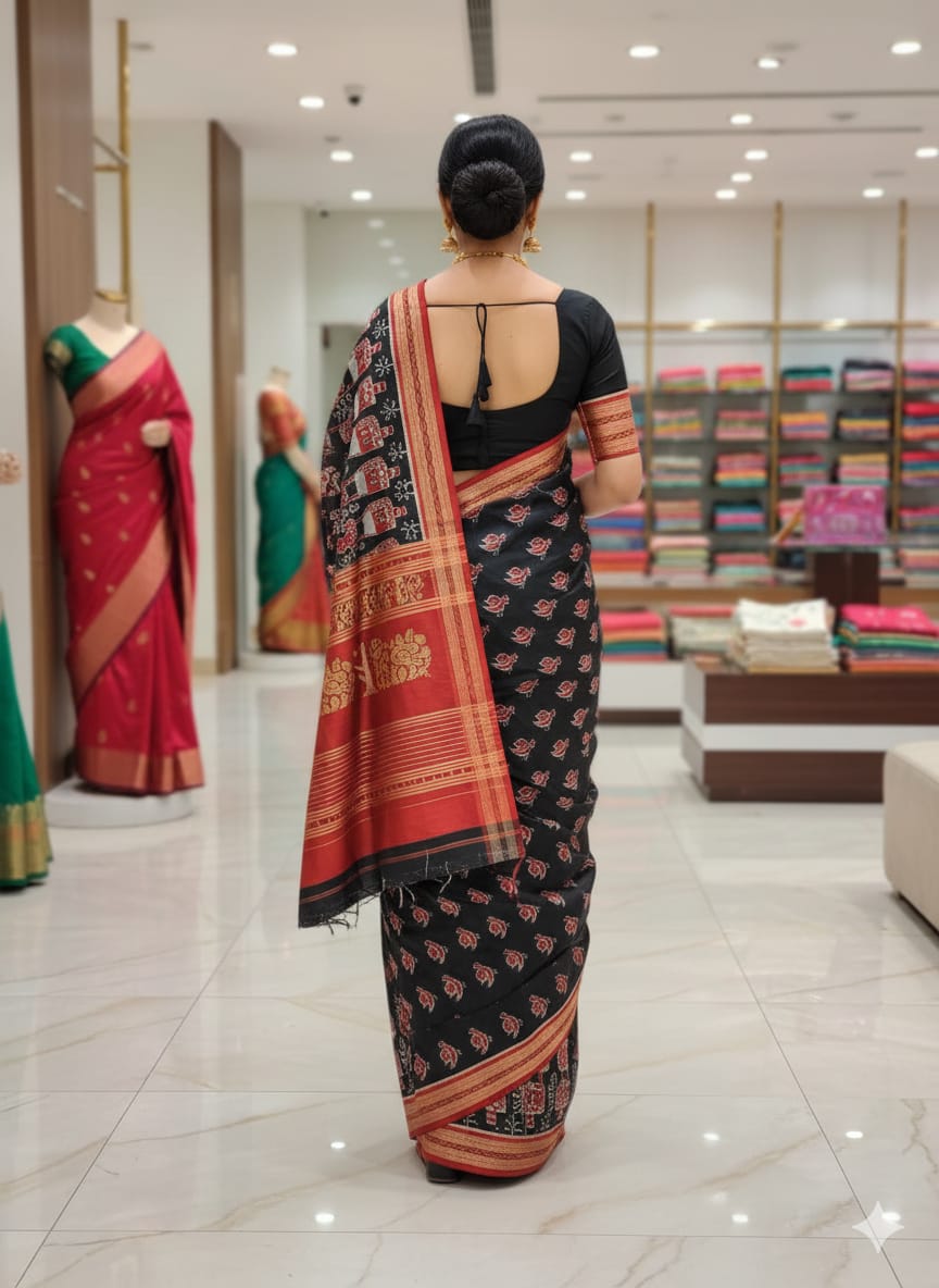 Black Maroon Birds Design Khandua Silk Saree