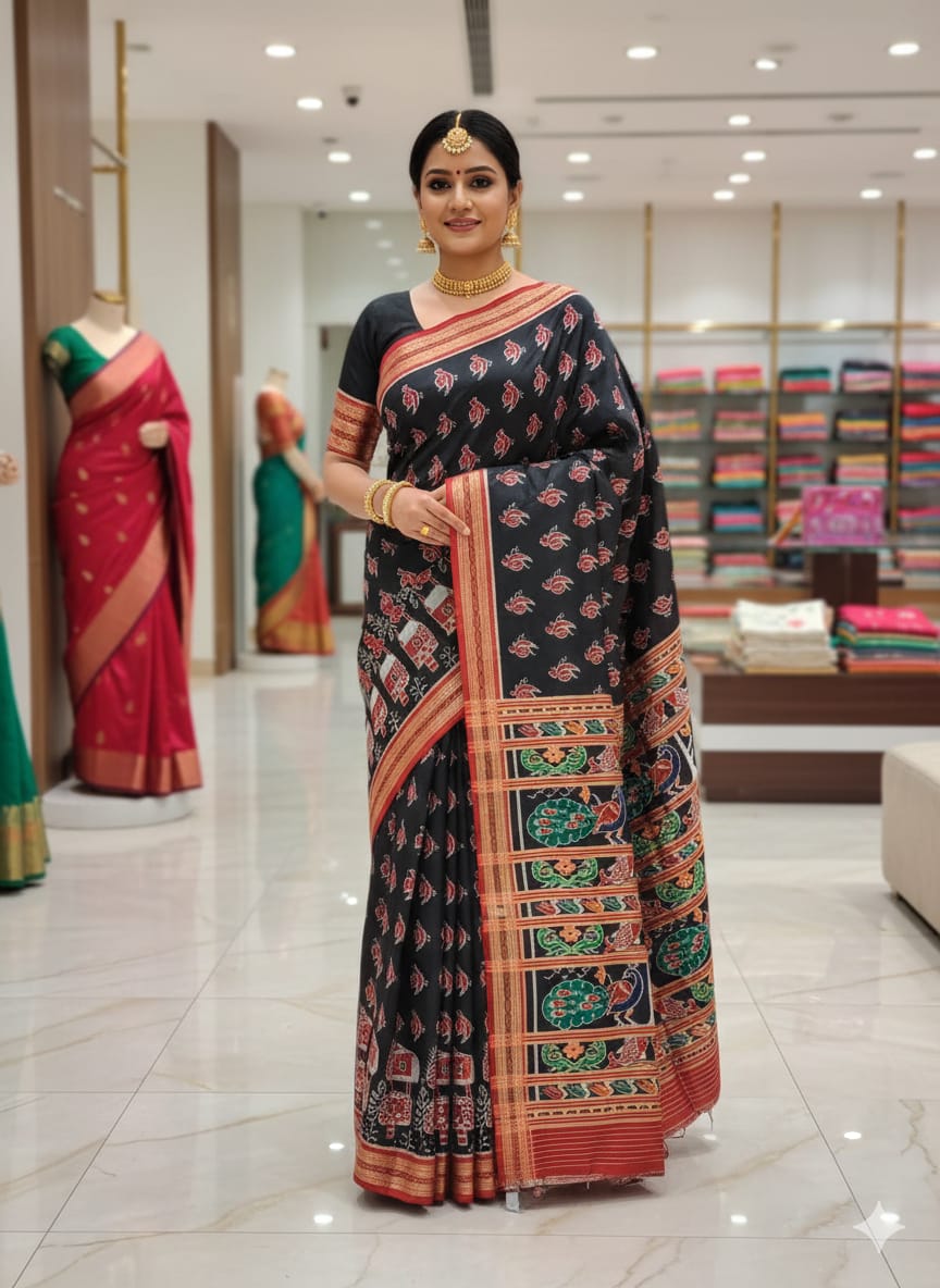 Black Maroon Birds Design Khandua Silk Saree