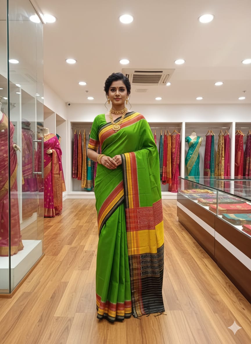 Green Multi colour Kathiphera Khandua Silk Saree
