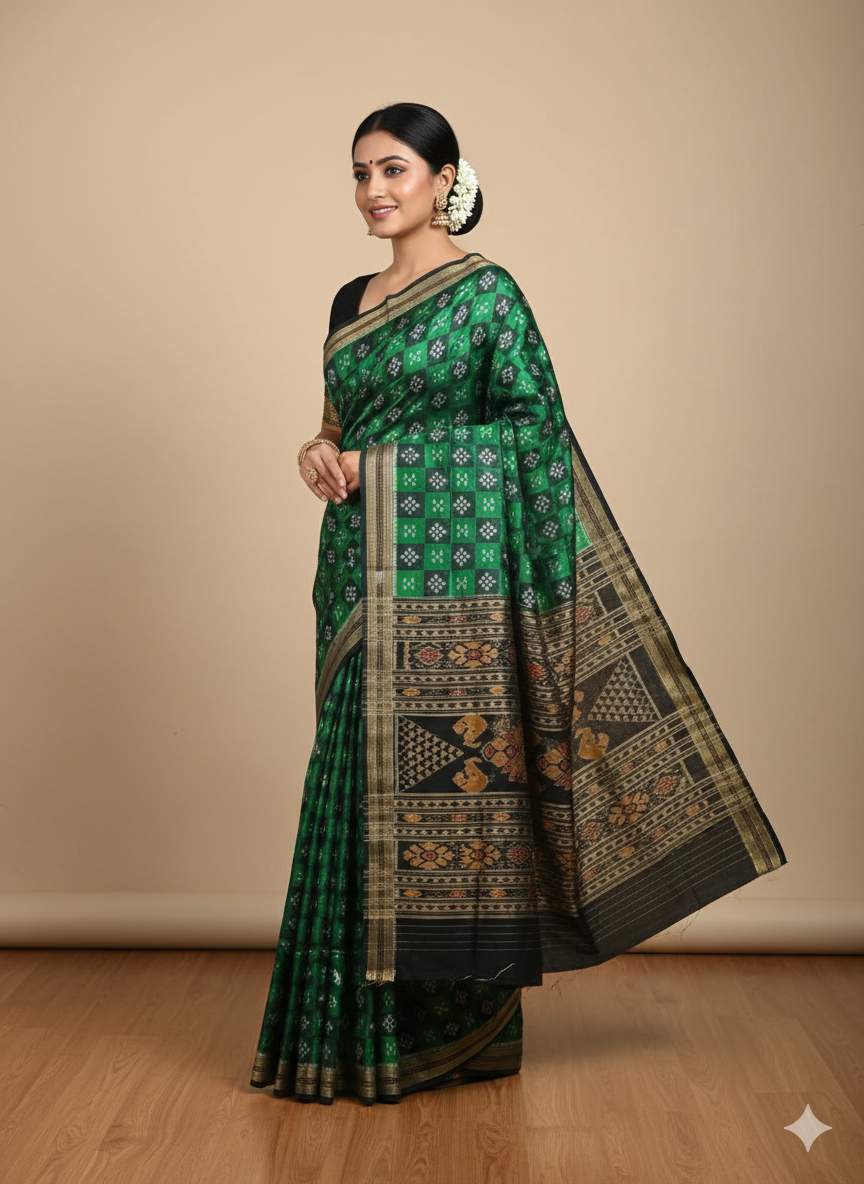 Green Black Pasapali Design Khandua Silk Saree
