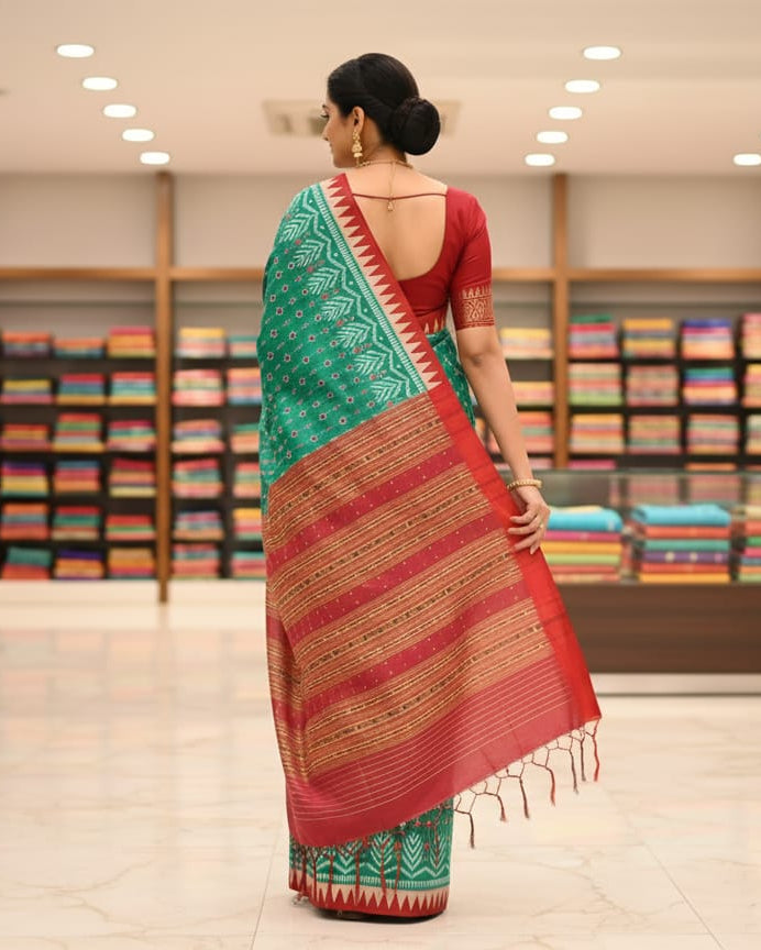 Sea Green Red Tree Design Mulberry Silk Saree