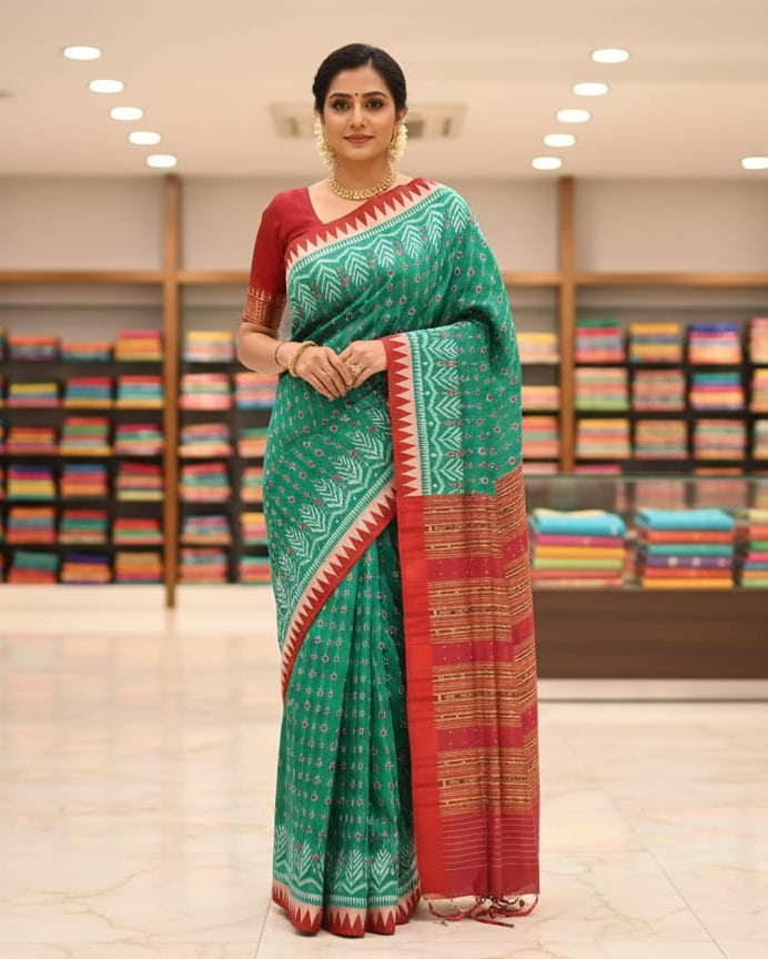 Sea Green Red Tree Design Mulberry Silk Saree