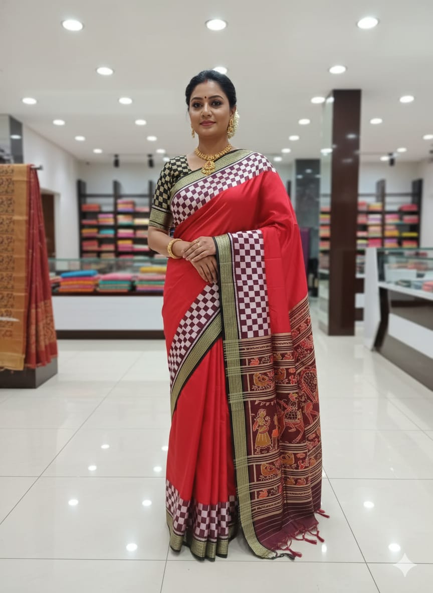 Red Coffee Pasapali scot  Design Mulberry Silk Saree