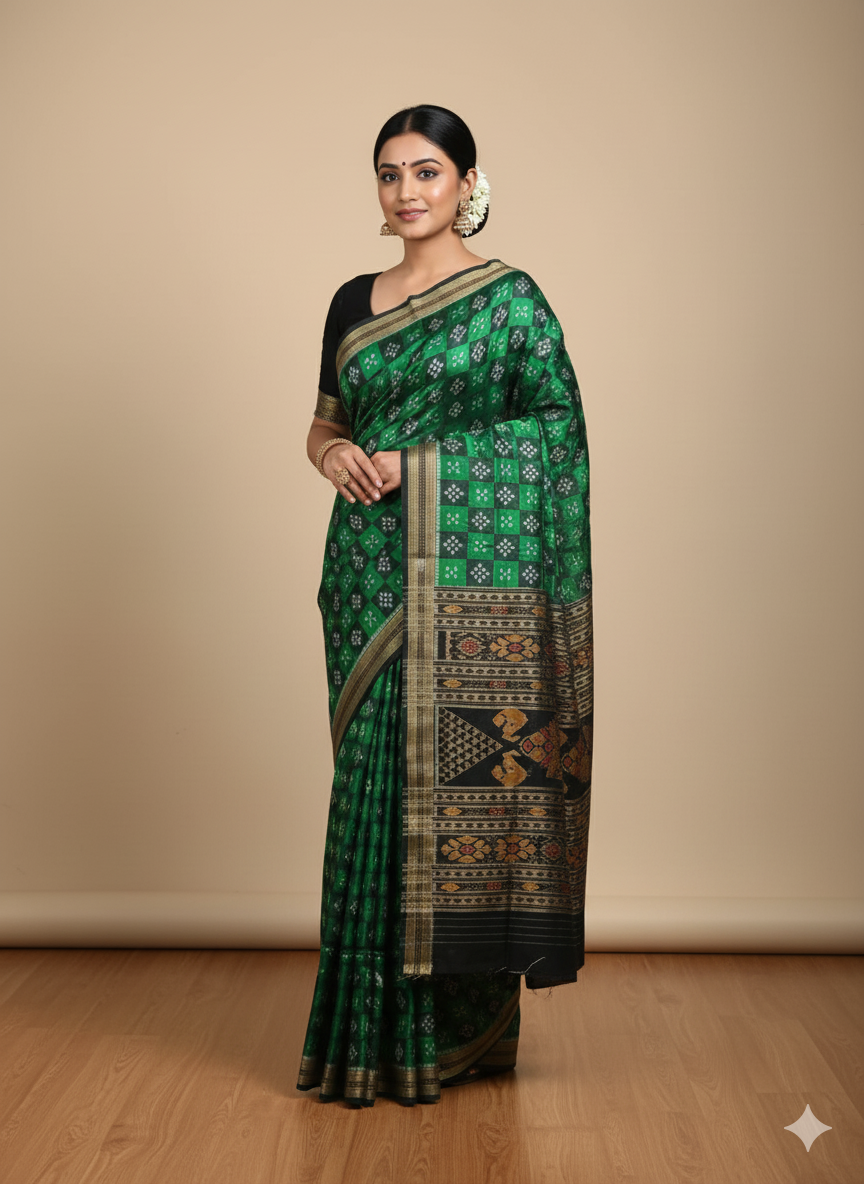 Green Black Pasapali Design Khandua Silk Saree