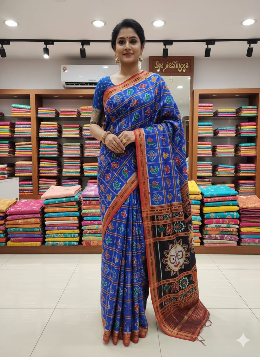 Blue Red Nabakothi Jagannath Pallu Silk Saree