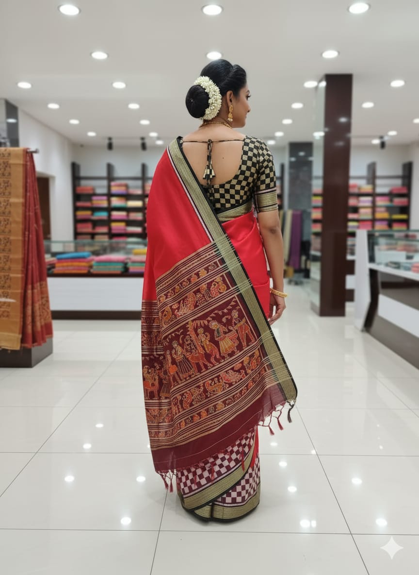 Red Coffee Pasapali scot  Design Mulberry Silk Saree