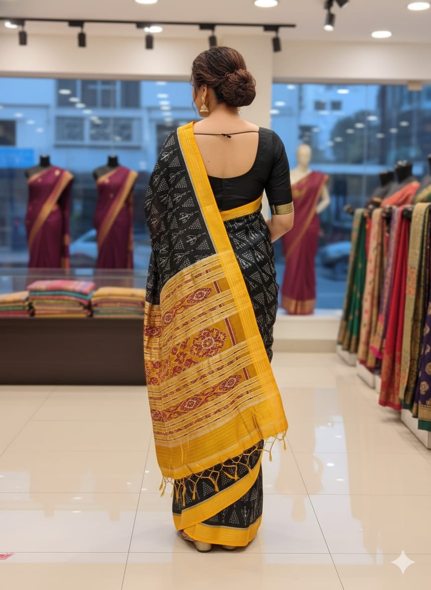 Black Yellow Tribal Chita Design Mulberry Silk Saree