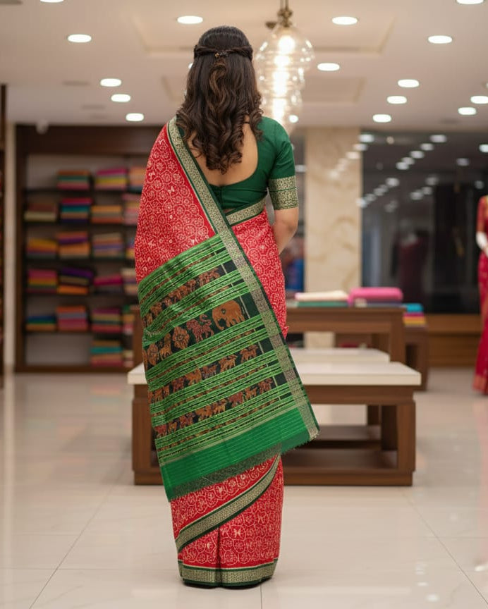 Red Green Tribal Design Khandua Silk Saree