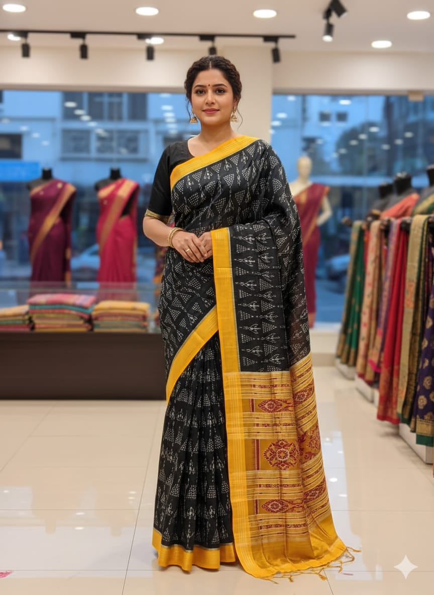 Black Yellow Tribal Chita Design Mulberry Silk Saree