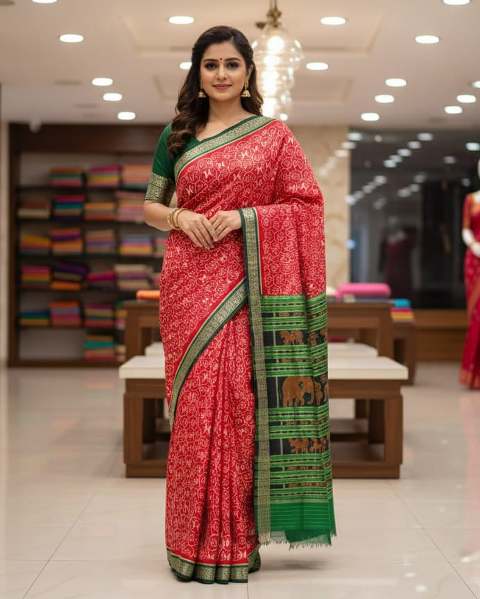 Red Green Tribal Design Khandua Silk Saree