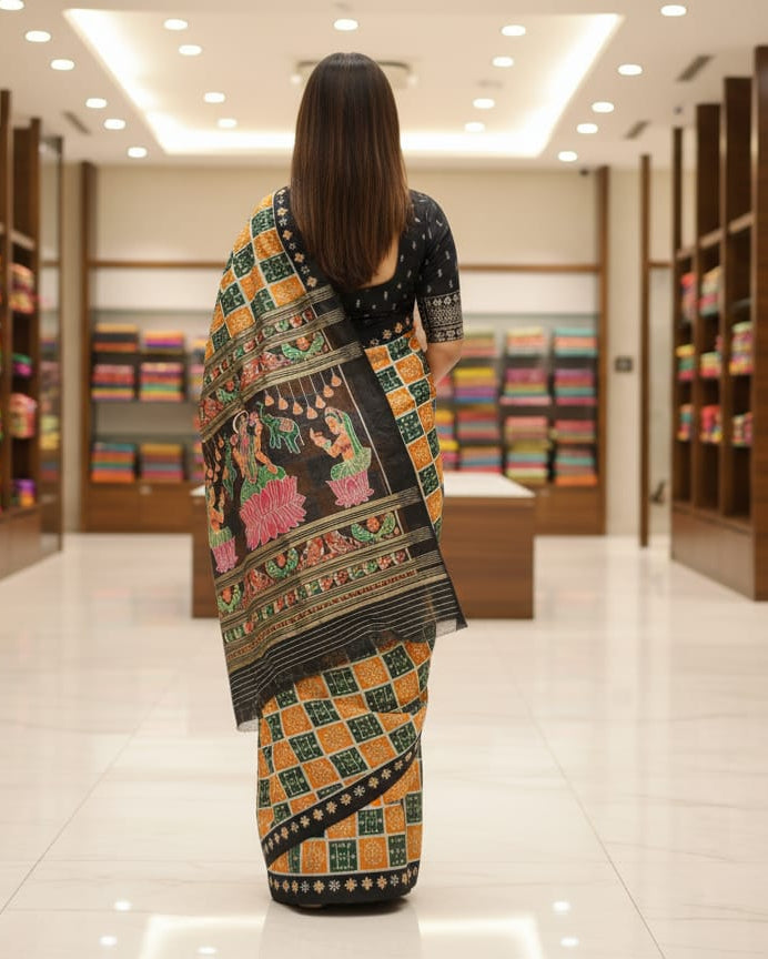 Yellow Green Subha Labha Design Khandua Silk Saree