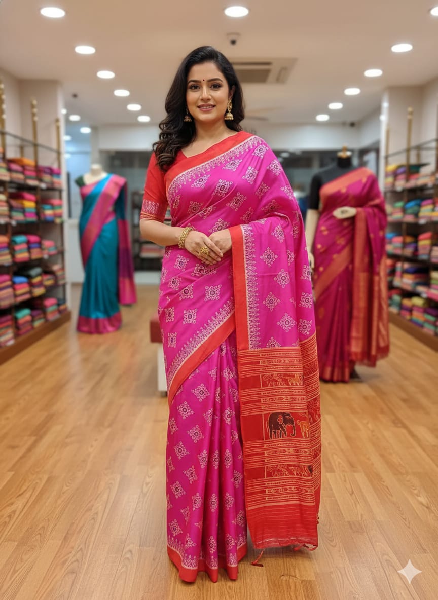 Magenta Maroon Flower Jhoti Design Mulberry Silk Saree