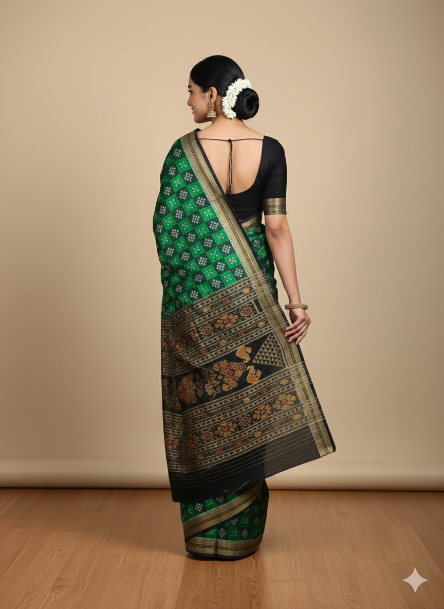 Green Black Pasapali Design Khandua Silk Saree