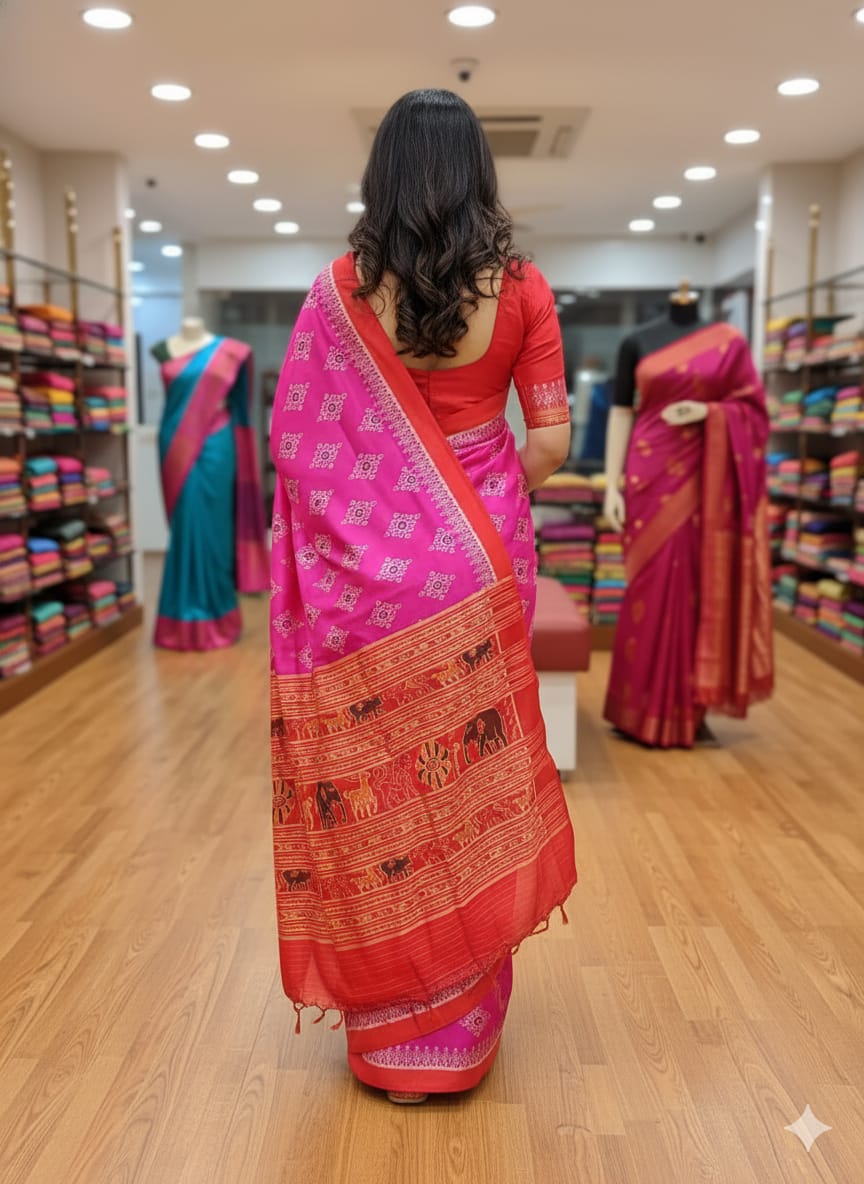 Magenta Maroon Flower Jhoti Design Mulberry Silk Saree