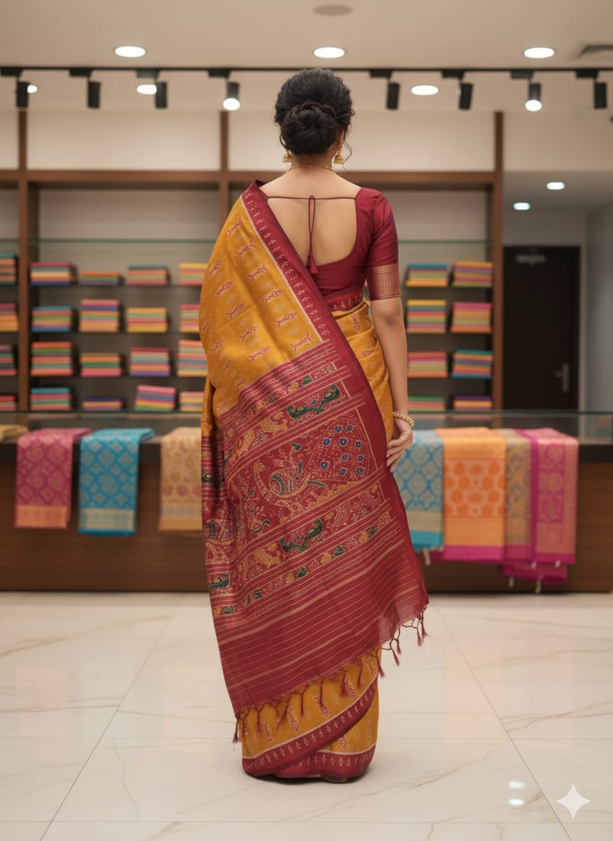 Mustard Yellow Maroon Fish Design Mulberry Silk Saree