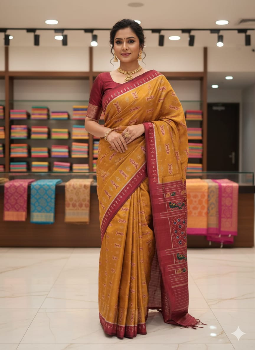 Mustard Yellow Maroon Fish Design Mulberry Silk Saree