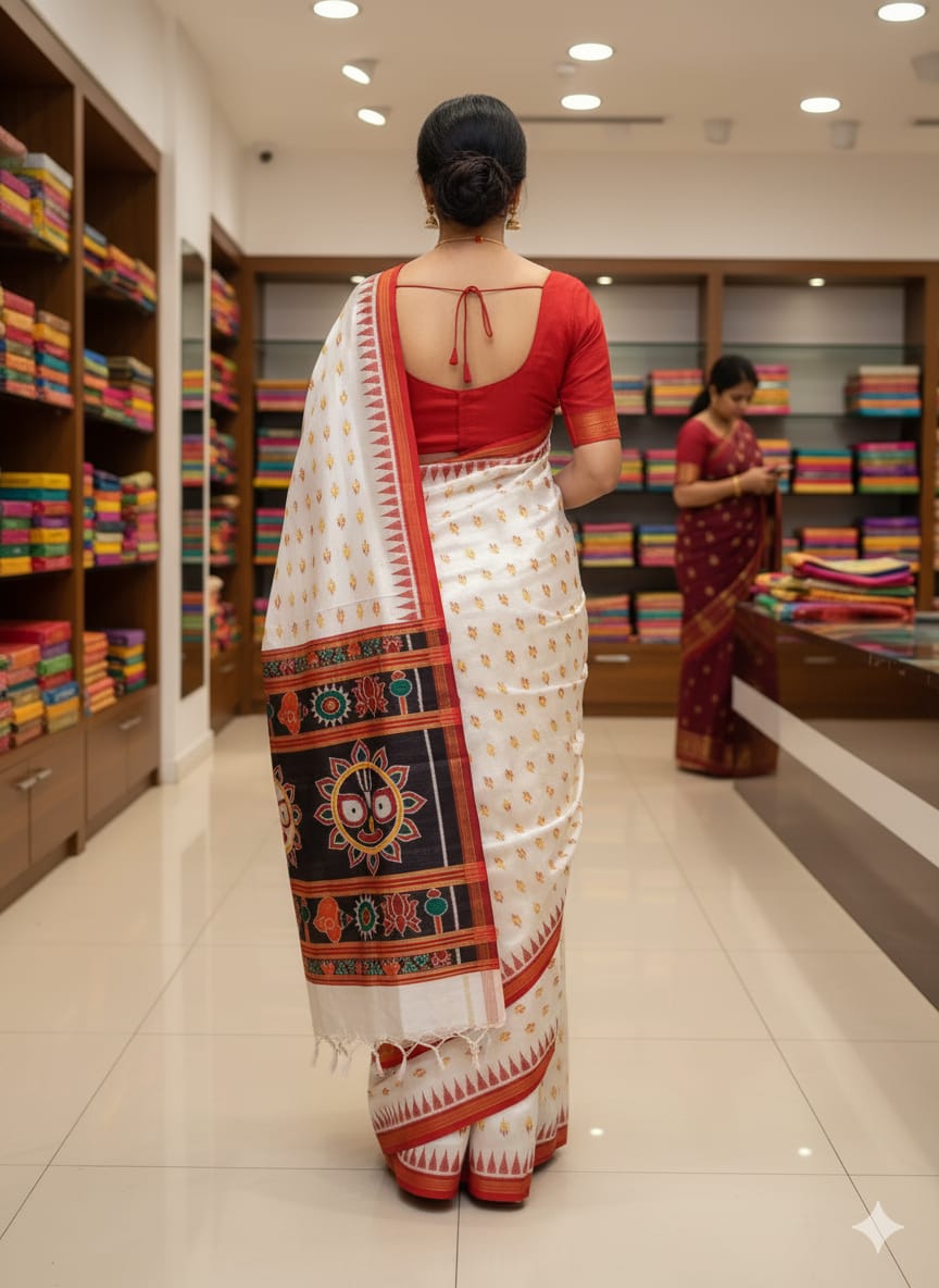 White Red Flower Design And Jagannath Pallu  Khandua Silk Saree