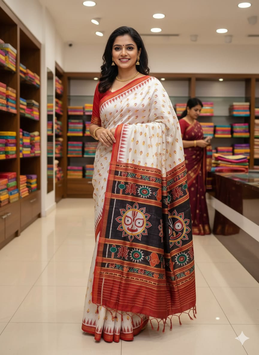 White Red Flower Design And Jagannath Pallu  Khandua Silk Saree