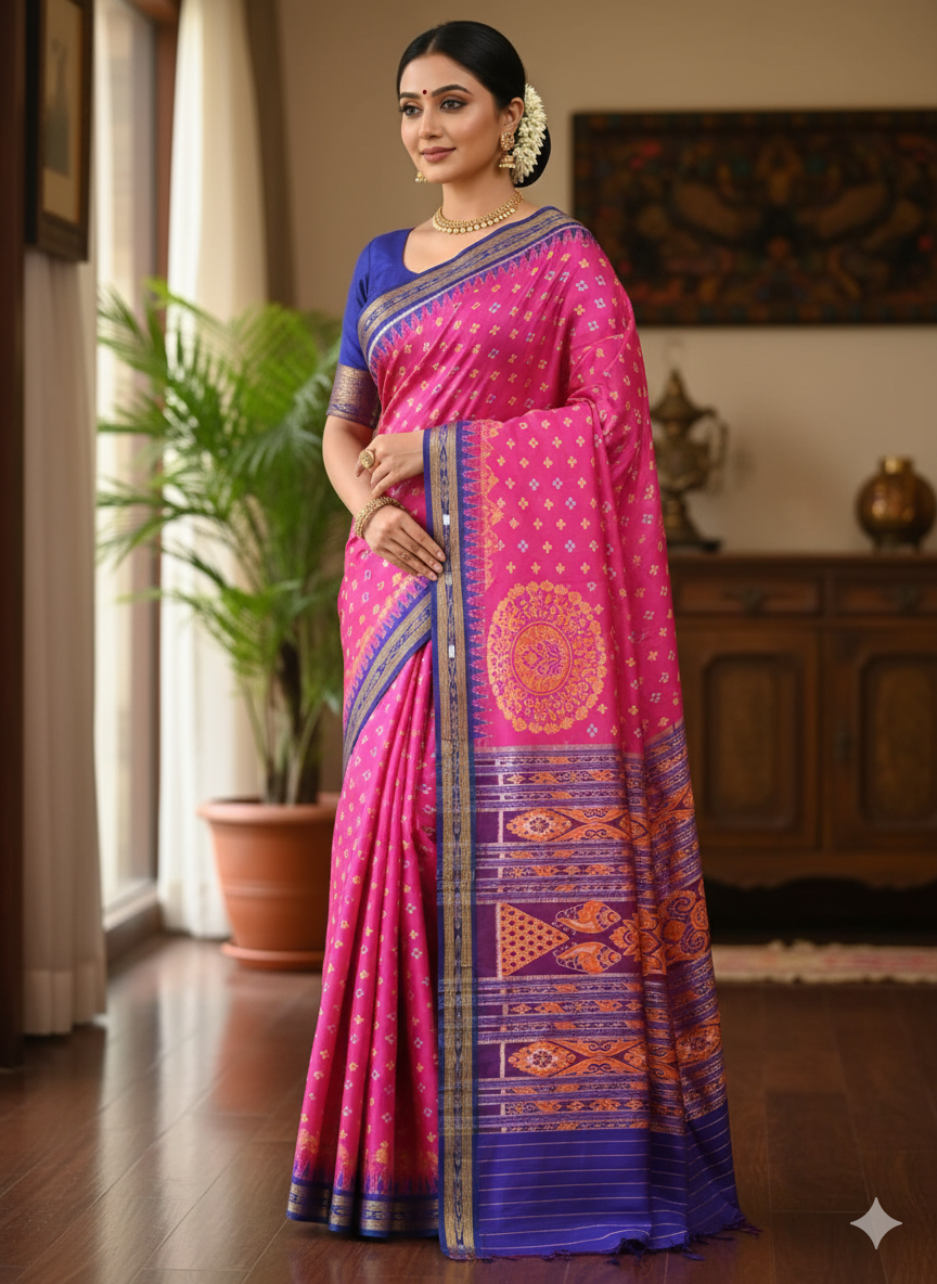 Pink Blue Cross Pasapali Design Khandua Silk Saree