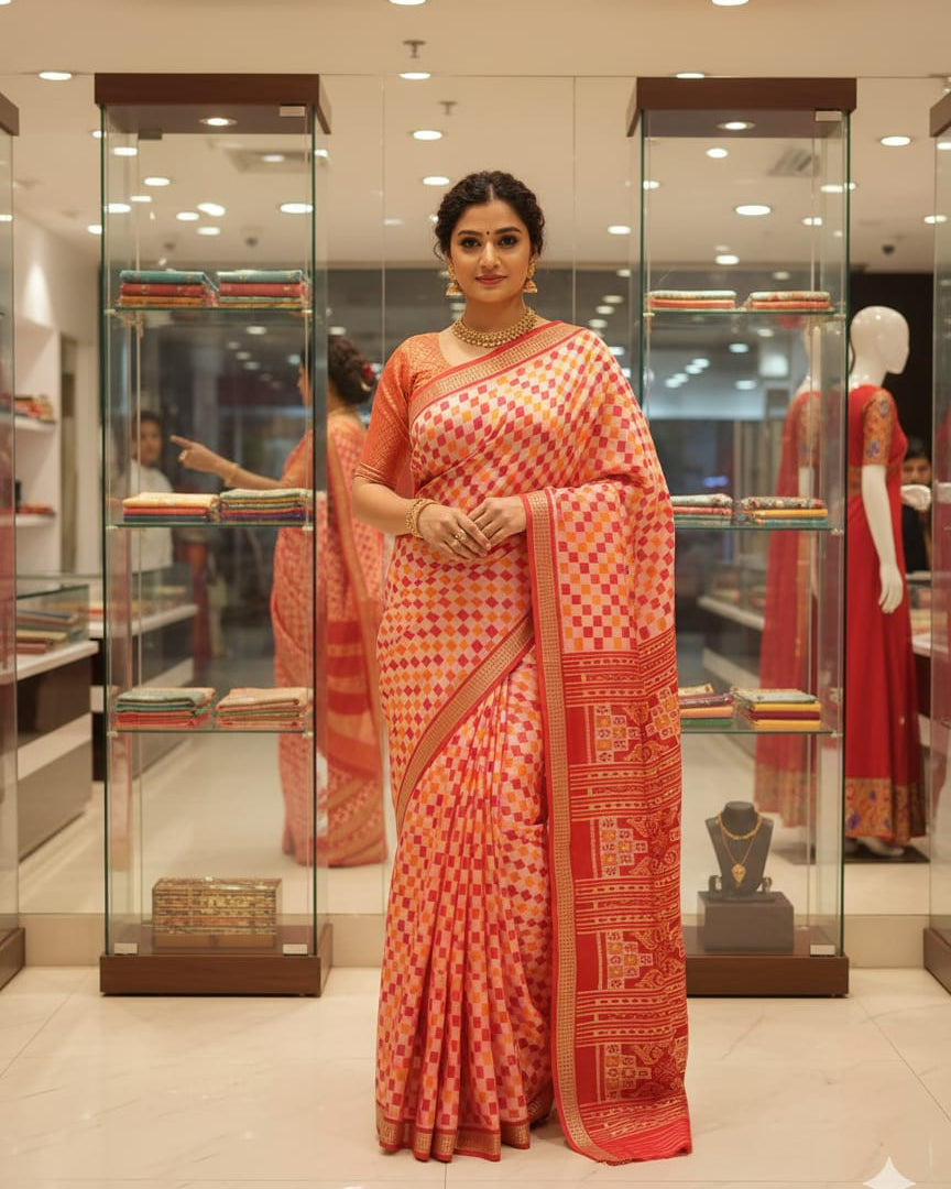 Orange Red Pasapali Design Mulberry Silk Saree