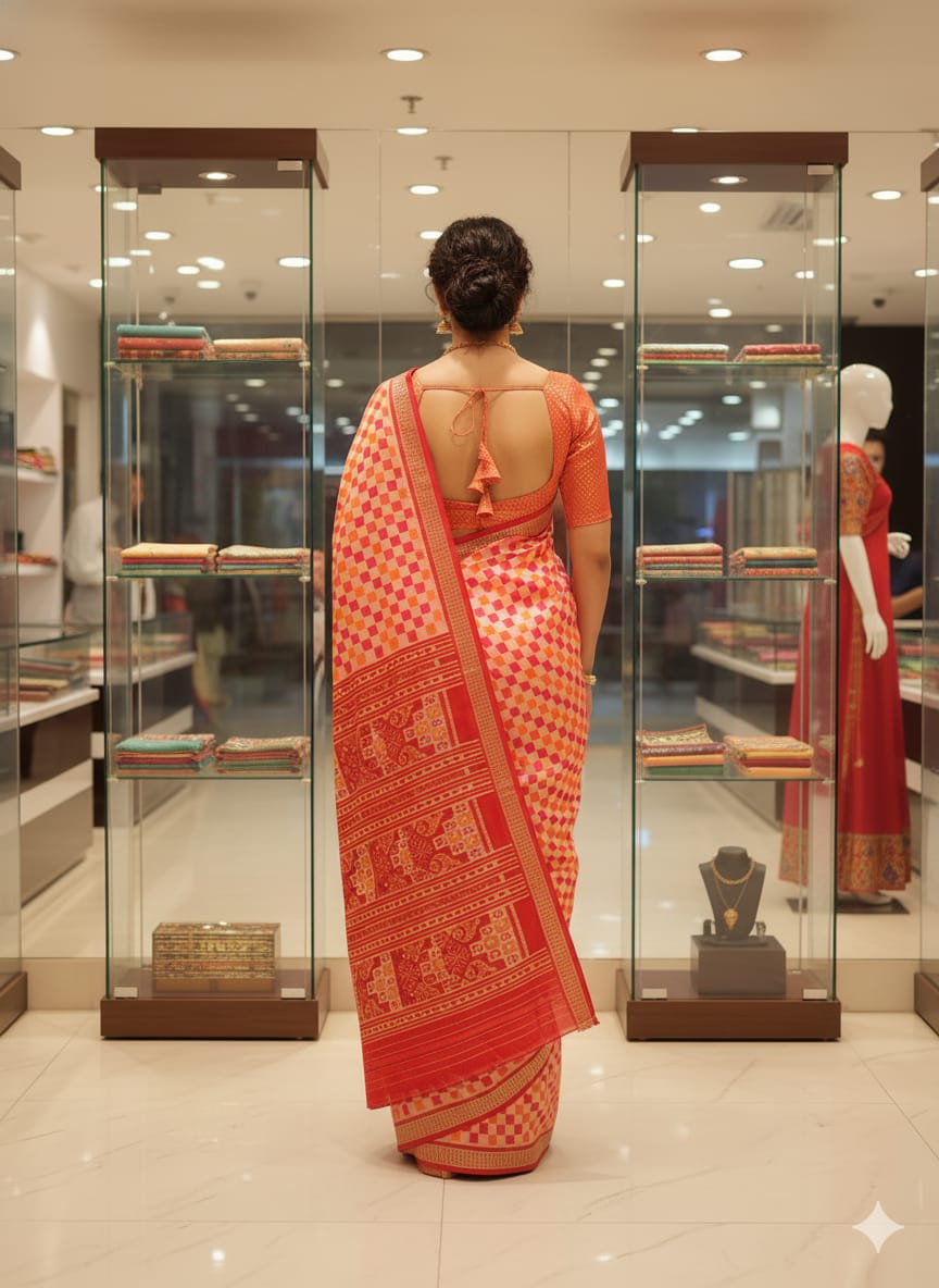 Orange Red Pasapali Design Mulberry Silk Saree