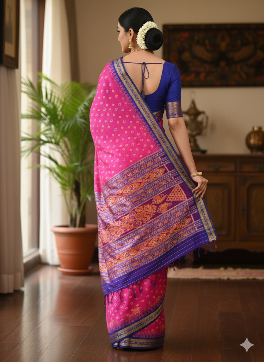 Pink Blue Cross Pasapali Design Khandua Silk Saree