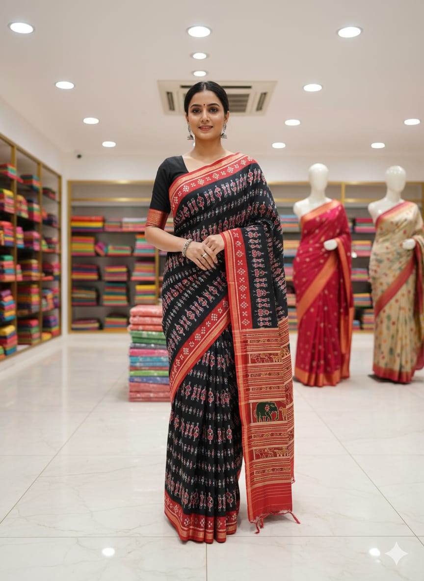 Black Red Tribal Design Mulberry Silk Saree