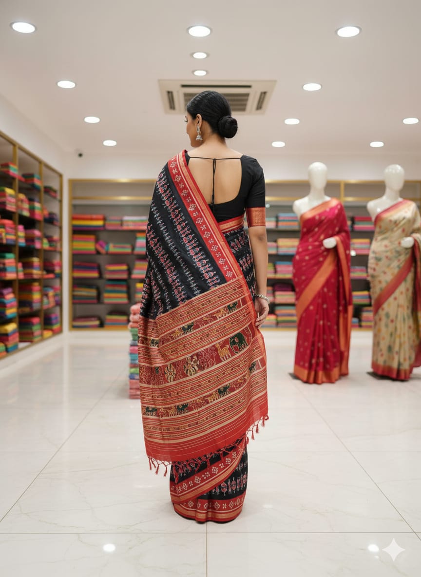Black Red Tribal Design Mulberry Silk Saree