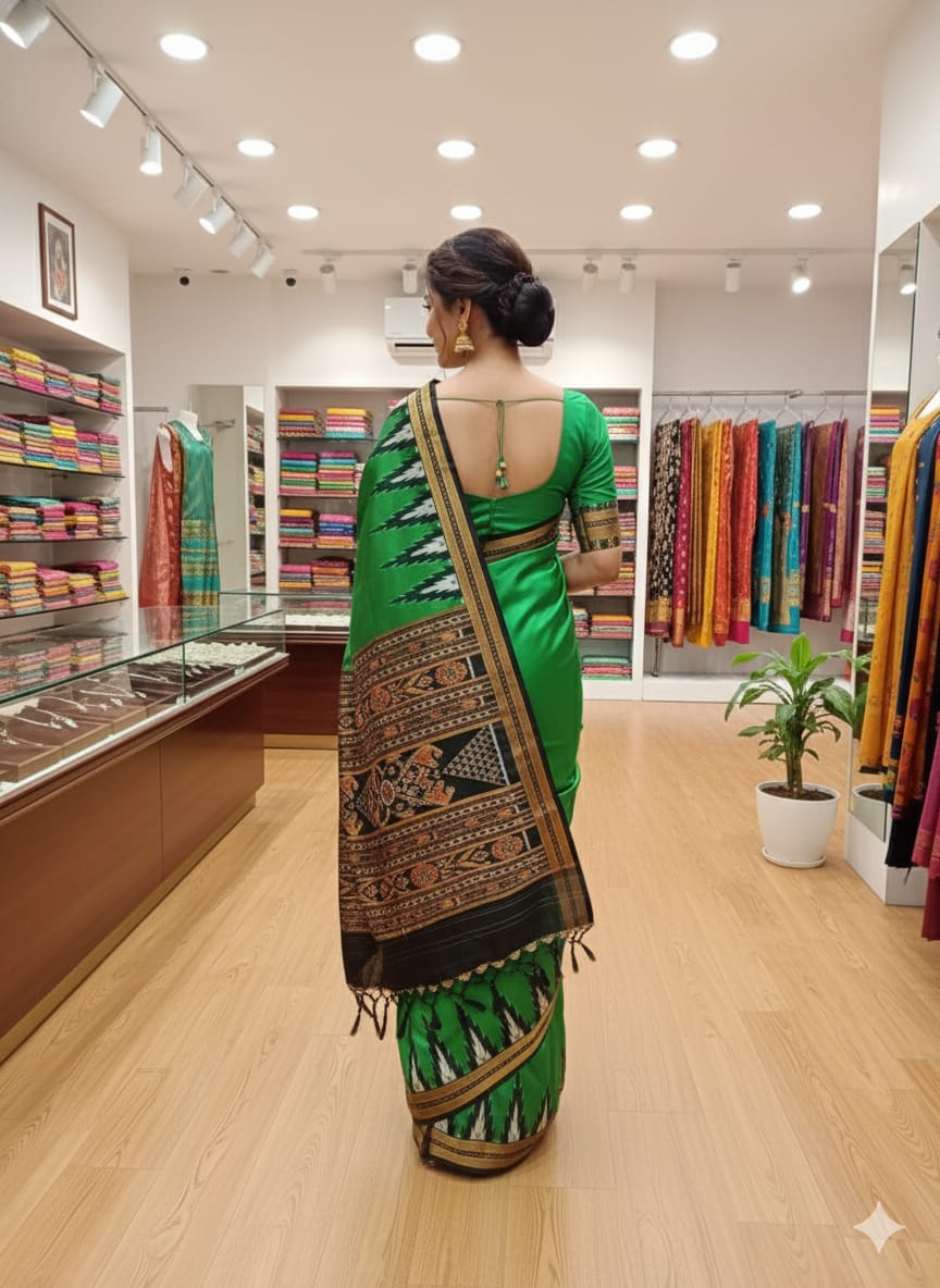 Green Black Buti Kumbha Khandua Silk Saree