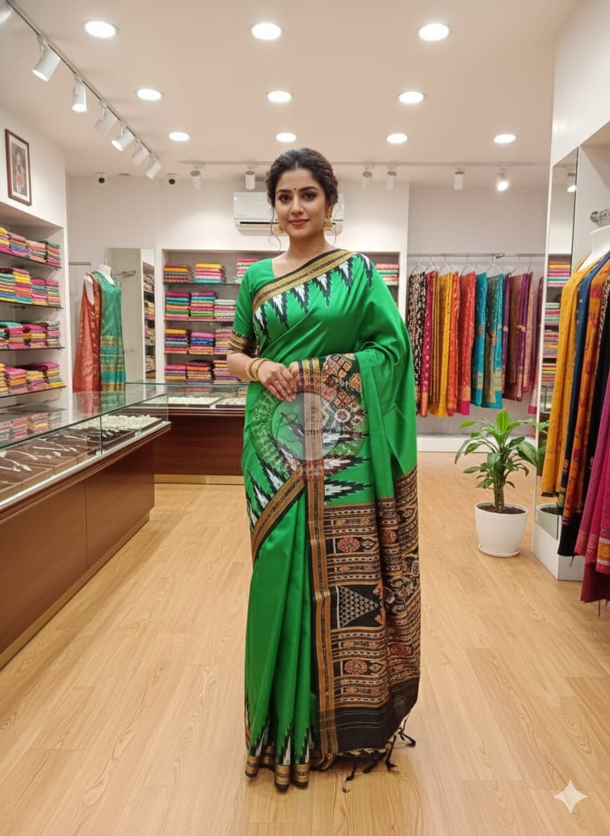 Green Black Buti Kumbha Khandua Silk Saree