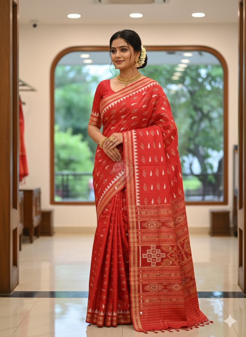 Red Sankha Design Khandua Silk Saree
