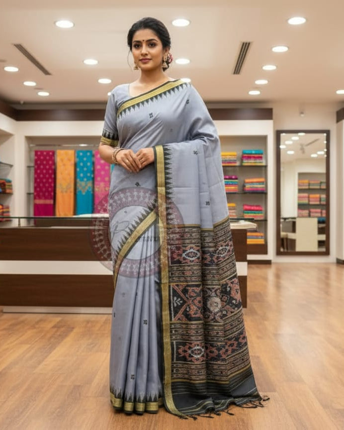 Grey Black Buti Kumbha Khandua Silk Saree