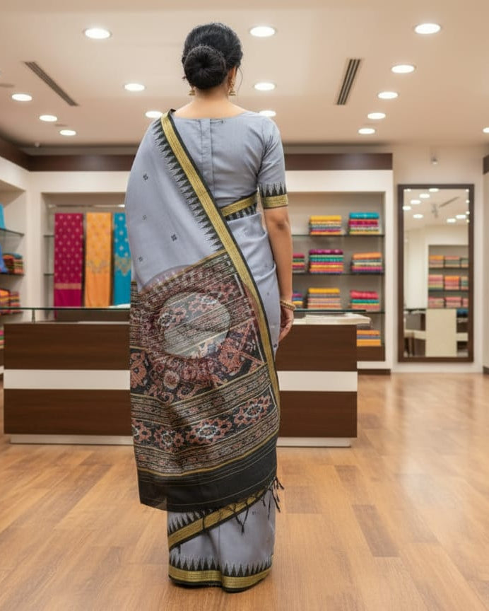 Grey Black Buti Kumbha Khandua Silk Saree