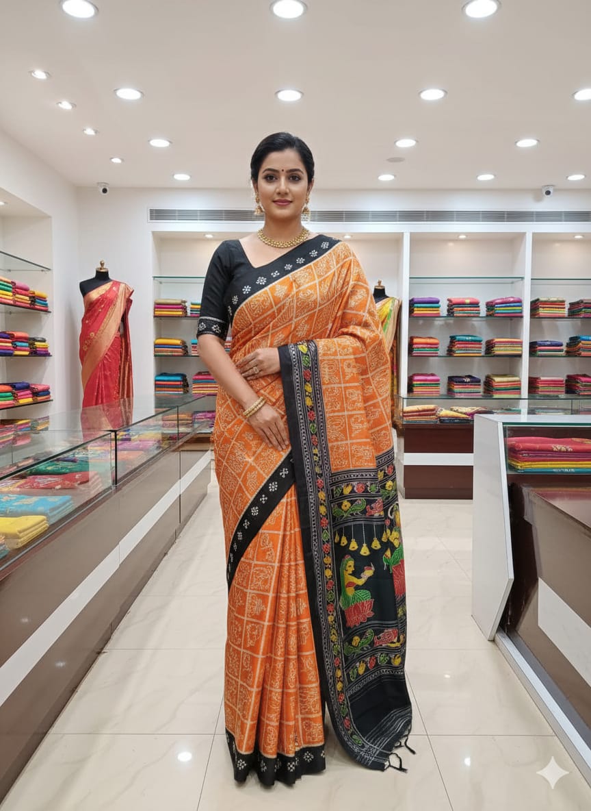 Orange Black Nabakothi Design Mulberry Silk Saree