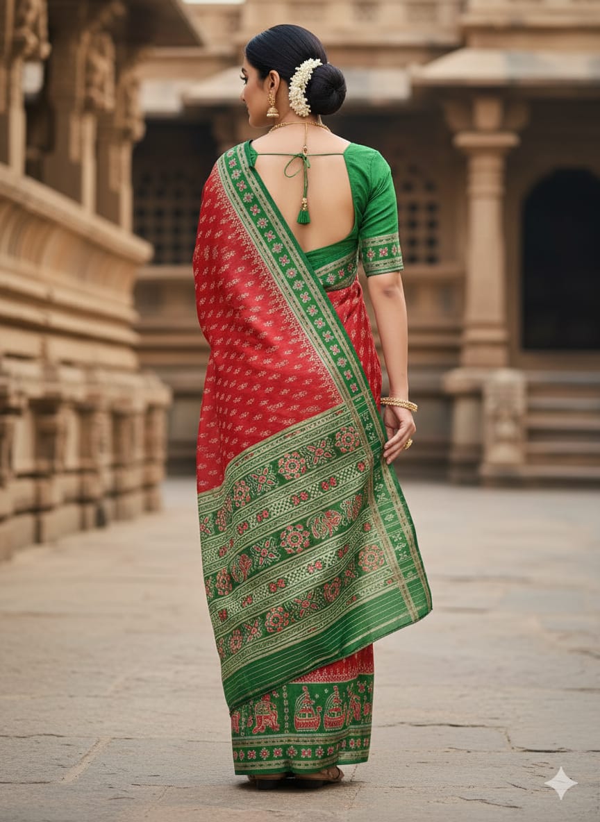 Maroon Green Tribal Design Mulberry Silk Saree