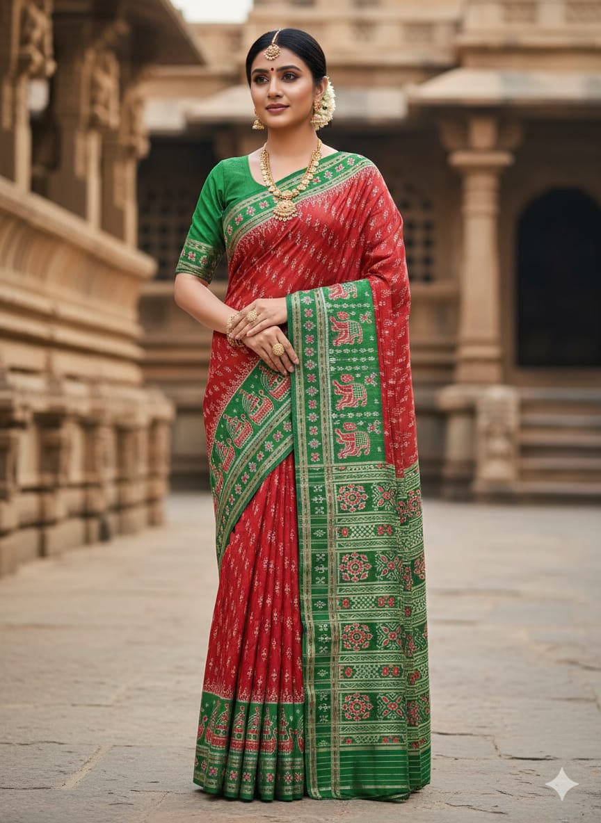 Maroon Green Tribal Design Mulberry Silk Saree
