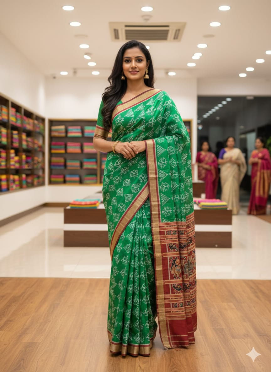 Green Maroon Tribal Chita Design Mulberry Silk Saree