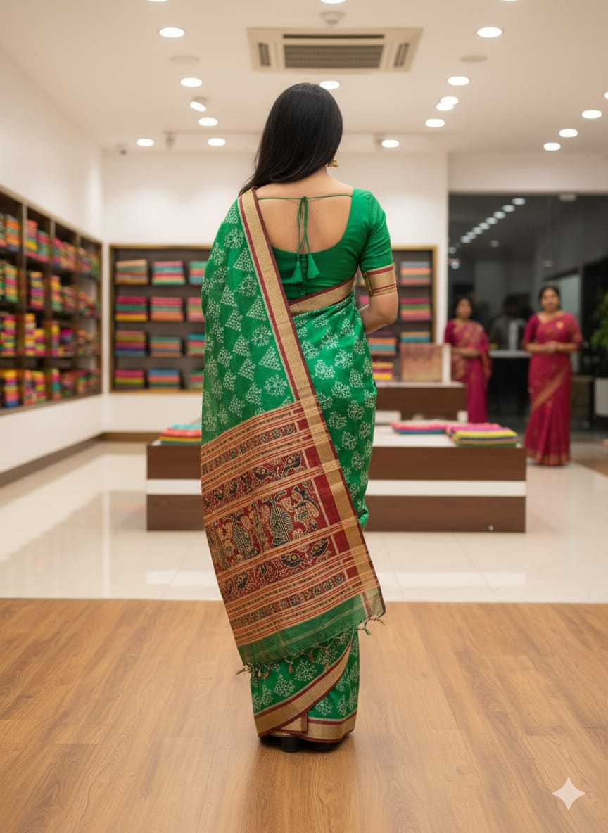 Green Maroon Tribal Chita Design Mulberry Silk Saree